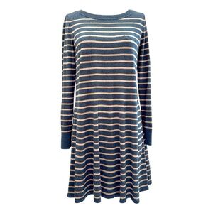 LOFT Striped Sweater Swing Dress Gray Beige Casual Cozy Chic Size L Wool Blend